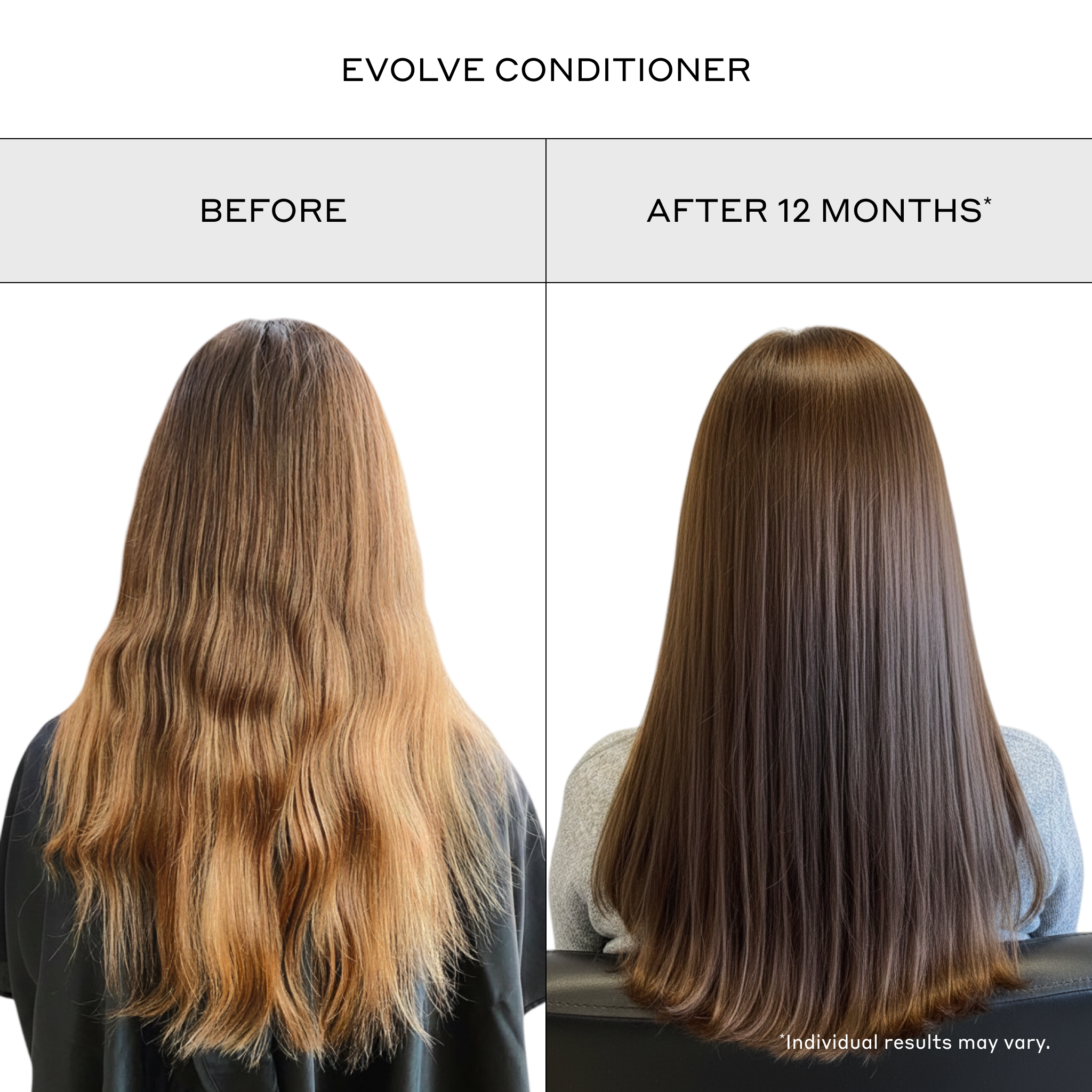 Before and after comparison of hair using Evolve Conditioner, showing a significant improvement in hair health.