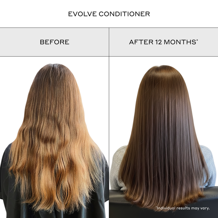 Before and after comparison of hair using Evolve Conditioner, showing a significant improvement in hair health.