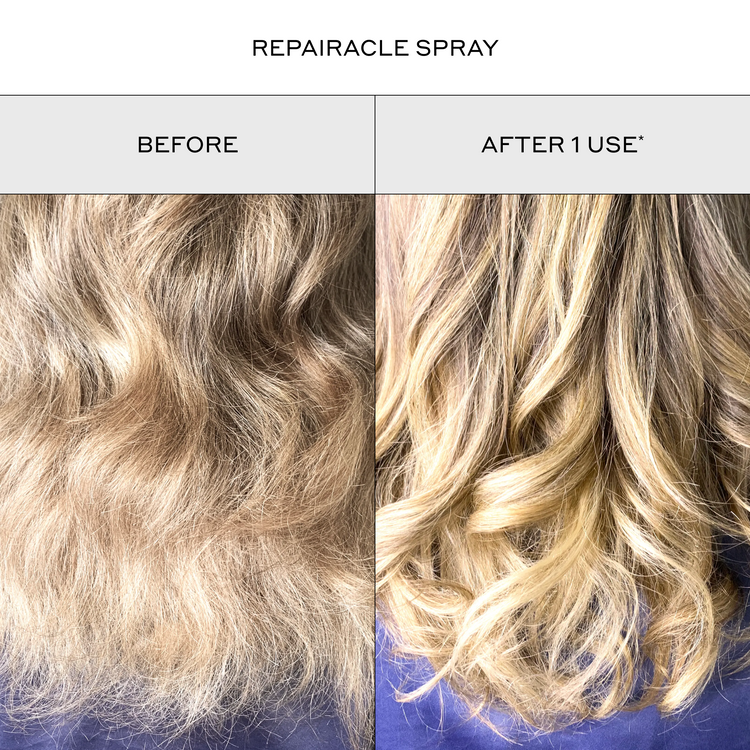 Before and after comparison of hair using a repairable spray product.