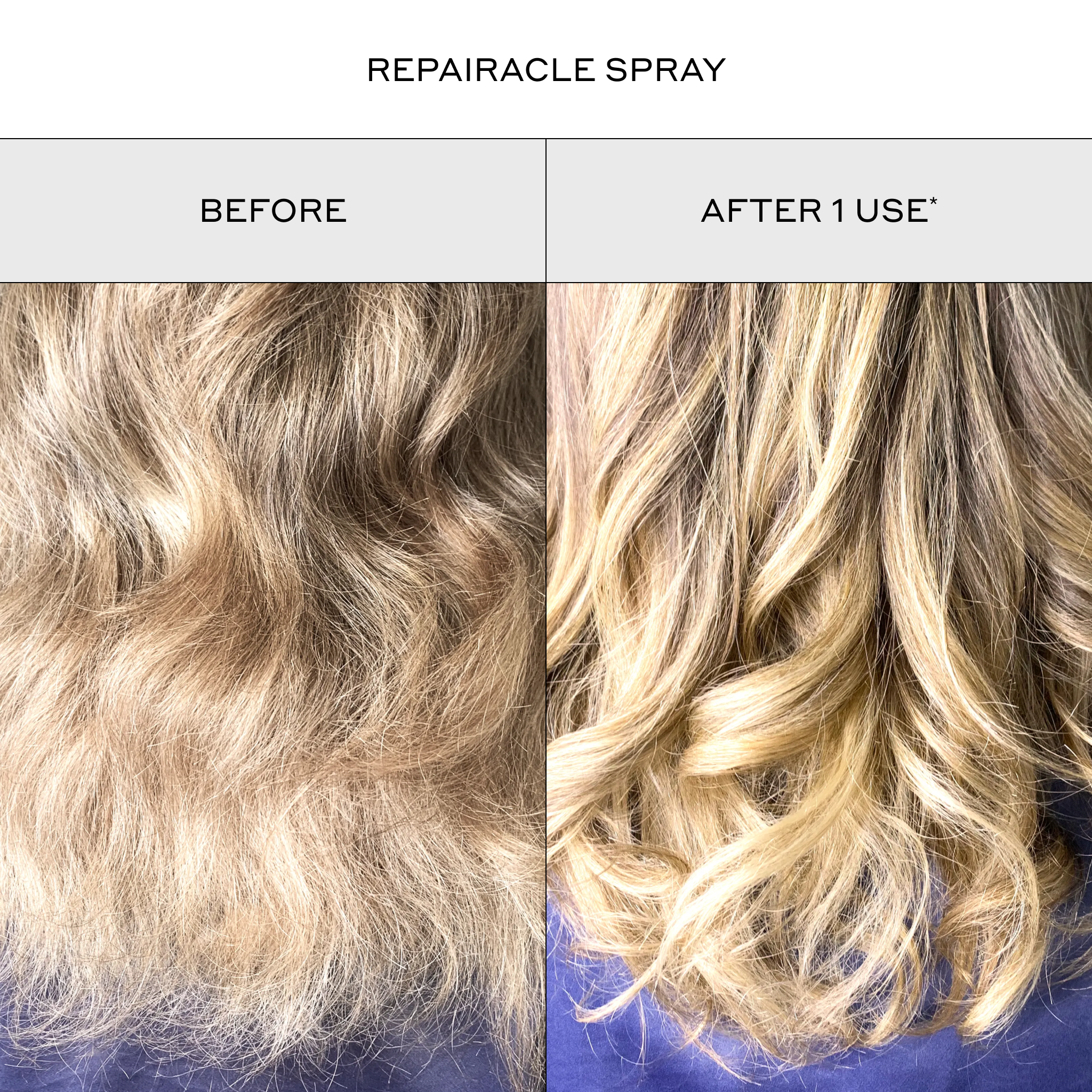 Before and after comparison of hair using a repairable spray product.