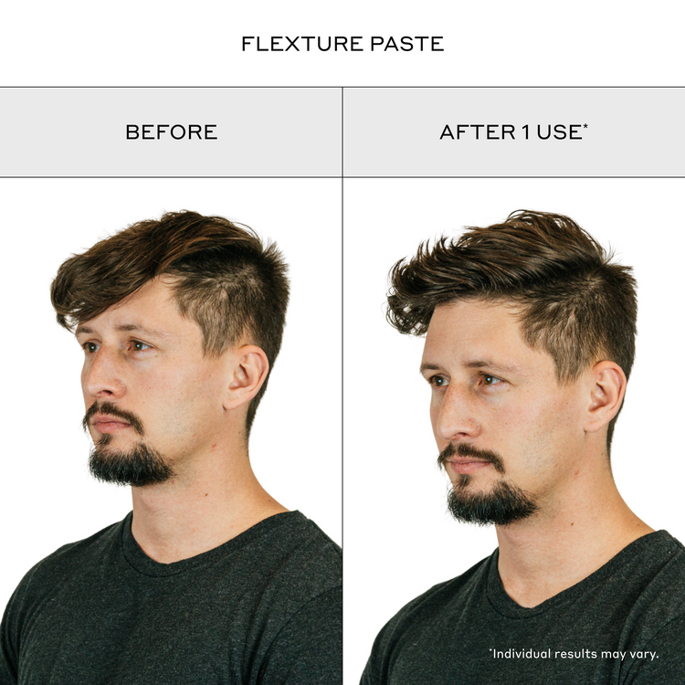 Before-and-after comparison of a man's hair showing the effect of a hair styling product. The left side is labeled 'BEFORE' and shows a side-parted, textured look.