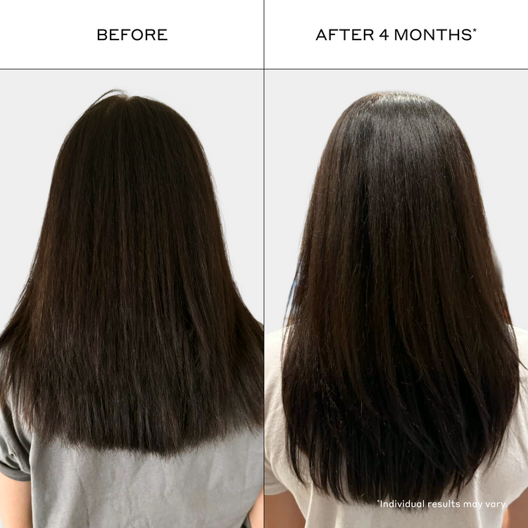 A side-by-side before and after comparison showing the back view of a person with long, straight, dark brown to black hair. The left side is labeled 'BEFORE' and shows slightly frizzy, less defined hair.