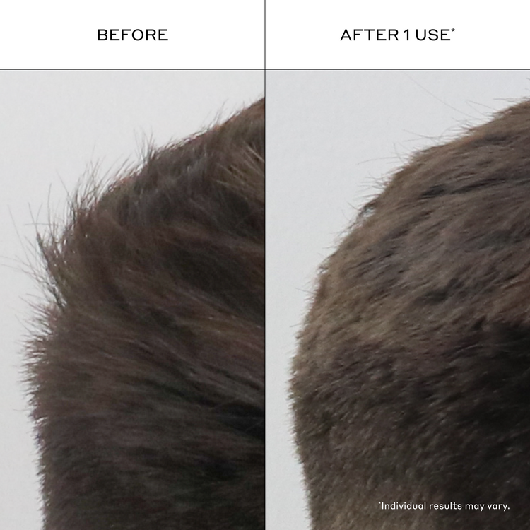 A split-screen before-and-after comparison showing the texture and volume of dark brown hair, with 'BEFORE' on the left and 'AFTER 1 USE*' on the right.