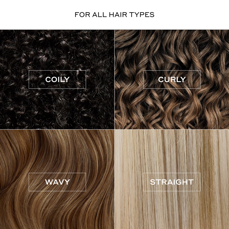 Four-panel hair type guide showing coily, curly, wavy, and straight hair textures in dark black, brown, and light blonde tones, with the text 'FOR ALL HAIR TYPES' at the top.