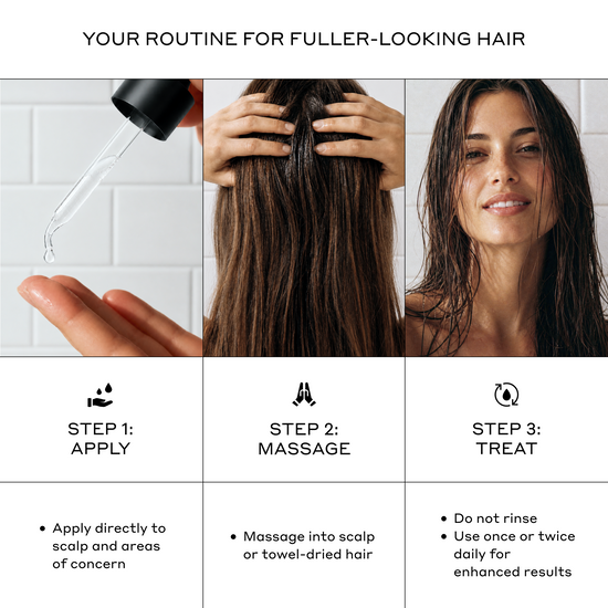 Hair care routine guide with steps for fuller-looking hair, including application, massage, and treatment.