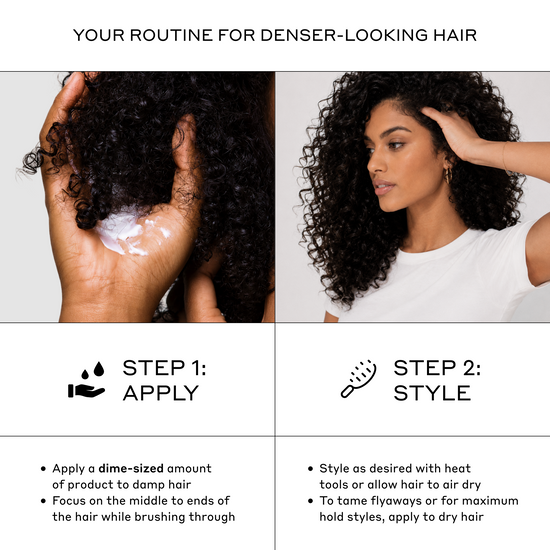 Instructional graphic titled 'YOUR ROUTINE FOR DENSER-LOOKING HAIR' showing a two-step hair care routine. The left panel, labeled 'STEP 1: APPLY,' shows a hand holding dampened curly hair with a white cream product applied.