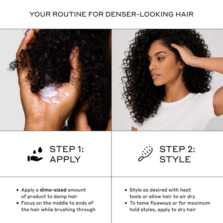 Instructional graphic titled 'YOUR ROUTINE FOR DENSER-LOOKING HAIR' showing a two-step hair care routine. The left panel, labeled 'STEP 1: APPLY,' shows a hand holding dampened curly hair with a white cream product applied.