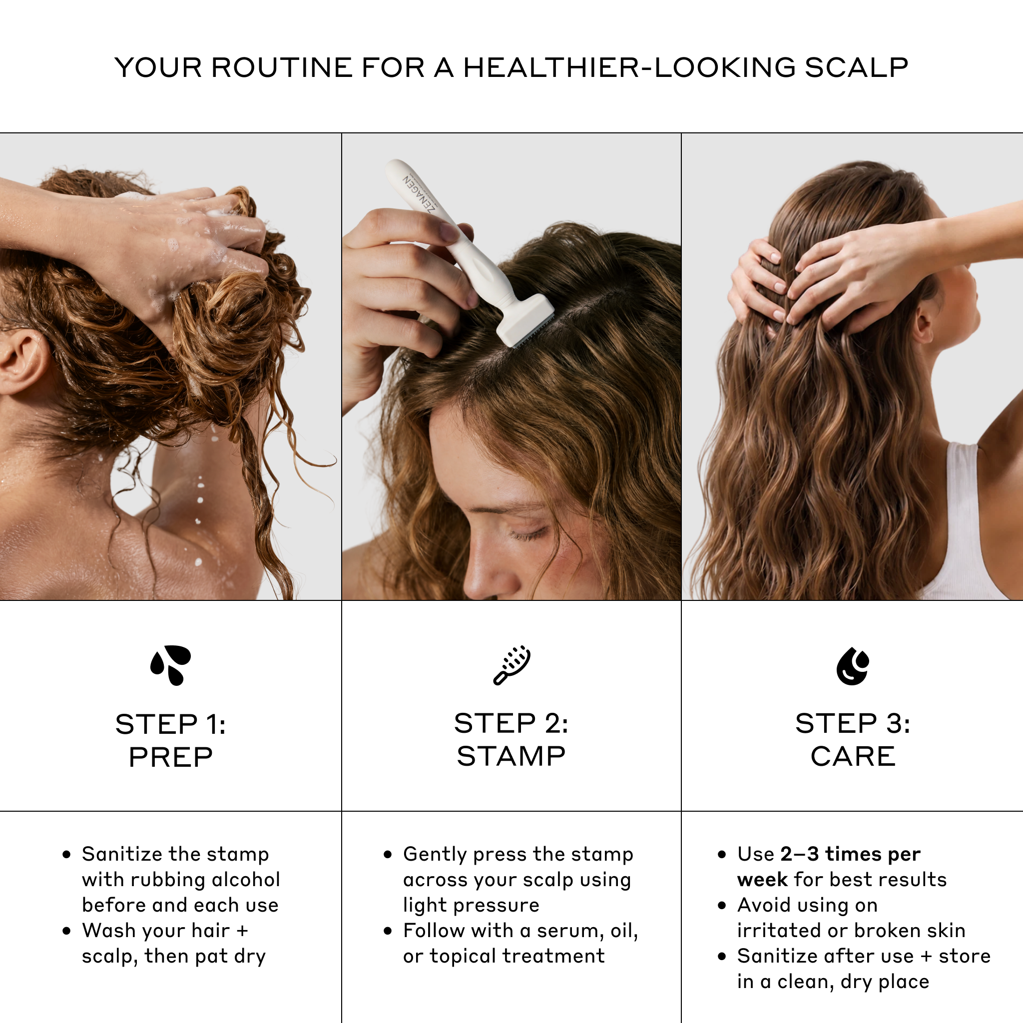 A six-panel instructional graphic titled 'YOUR ROUTINE FOR A HEALTHIER-LOOKING SCALP' showing three steps: prep, stamp, and care, with close-up photos of a woman washing and stamping her scalp and bullet points of instructions below each panel.