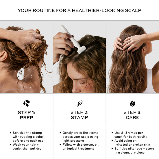 A six-panel instructional graphic titled 'YOUR ROUTINE FOR A HEALTHIER-LOOKING SCALP' showing three steps: prep, stamp, and care, with close-up photos of a woman washing and stamping her scalp and bullet points of instructions below each panel.