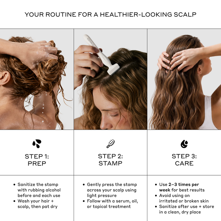 A six-panel instructional graphic titled 'YOUR ROUTINE FOR A HEALTHIER-LOOKING SCALP' showing three steps: prep, stamp, and care, with close-up photos of a woman washing and stamping her scalp and bullet points of instructions below each panel.