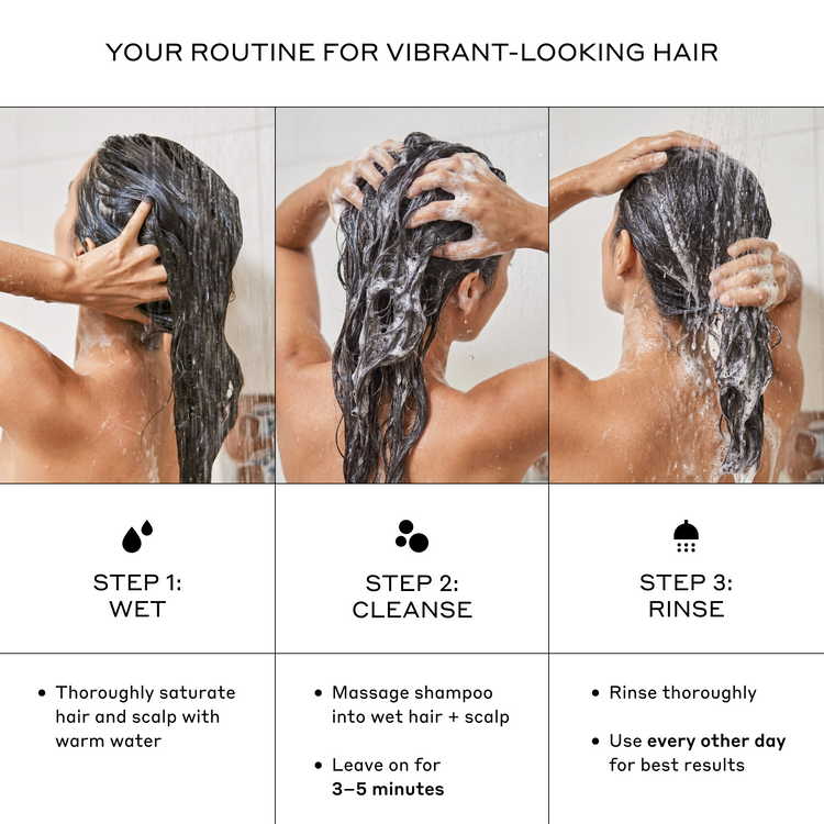 An instructional graphic titled 'YOUR ROUTINE FOR VIBRANT-LOOKING HAIR' showing three panels of a woman washing her hair, with text labels for Step 1: Wet, Step 2: Cleanse, and Step 3: Rinse.