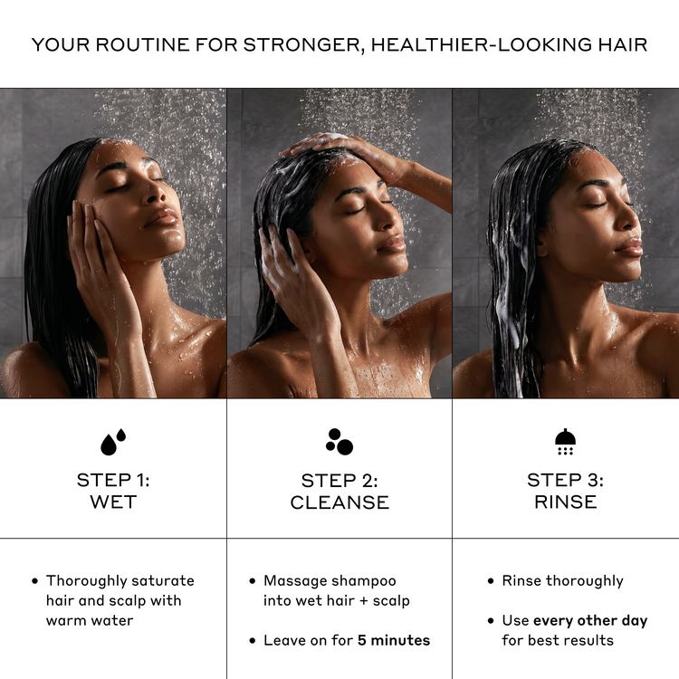 Step-by-step hair care routine for stronger, healthier-looking hair with a woman washing her hair.