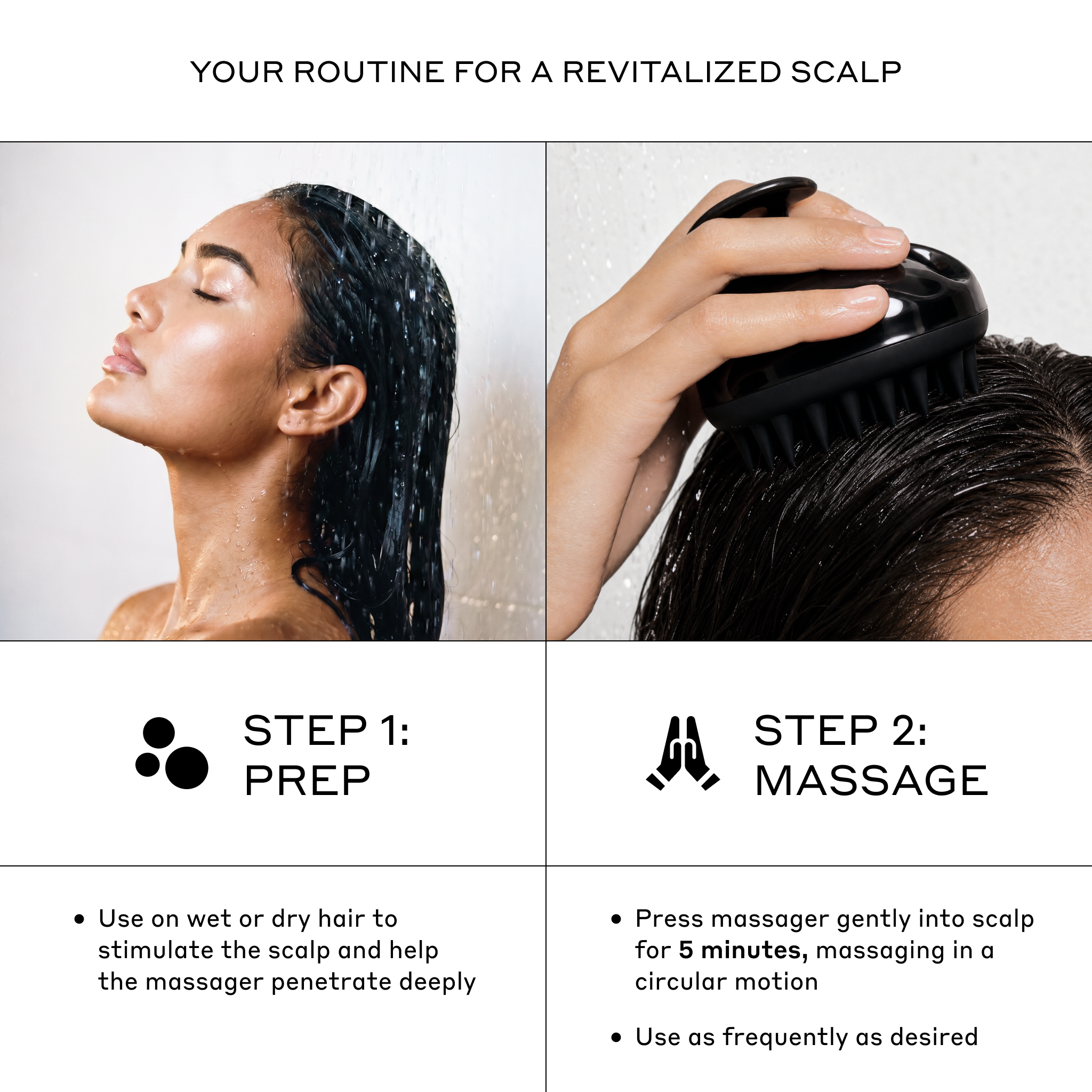 An instructional graphic titled 'YOUR ROUTINE FOR A REVITALIZED SCALP' showing a two-step scalp massage routine. The top half features a woman with wet hair in a shower (Step 1: Prep) and a close-up of a hand using a black scalp massager on dark hair (Step 2: Massage) with accompanying text instructions.