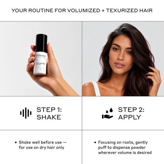 A four-panel instructional graphic for using a hair powder product. The top panel shows a hand holding a black-and-white bottle labeled GENEGA Volumizing Powder.