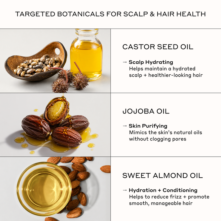 An informational graphic titled 'TARGETED BOTANICALS FOR SCALP & HAIR HEALTH' showing three panels: castor seed oil, jojoba oil, and sweet almond oil with text describing benefits for scalp and hair health.