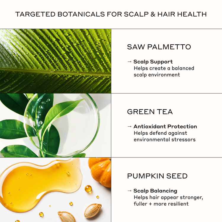 Product features with saw palmetto, green tea, and pumpkin seed images and text on scalp and hair health.