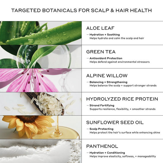 List of targeted botanicals for scalp and hair health with corresponding images and descriptions.