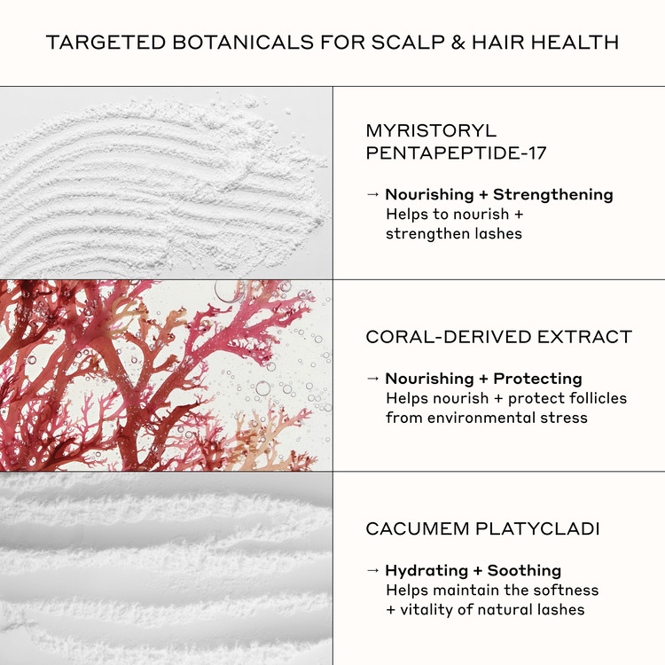 An informational graphic with three panels titled 'TARGETED BOTANICALS FOR SCALP & HAIR HEALTH,' listing ingredients: Myristoyl Pentapeptide-17, Coral-Derived Extract, and Cacumen Platycladi, each with a small botanical or texture image and descriptive text.