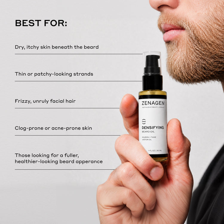 A man holds a bottle of Zenagen Densifying Beard Oil next to a text graphic outlining the product's benefits for dry, itchy skin beneath the beard, patchy strands, and frizzy hair.