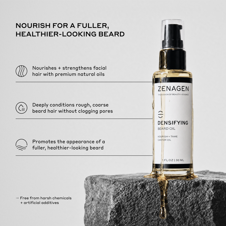 Zenagen Densifying Beard Oil in a clear spray bottle with a black cap, displayed on a dark gray stone pedestal against a light gray background with product benefits text.