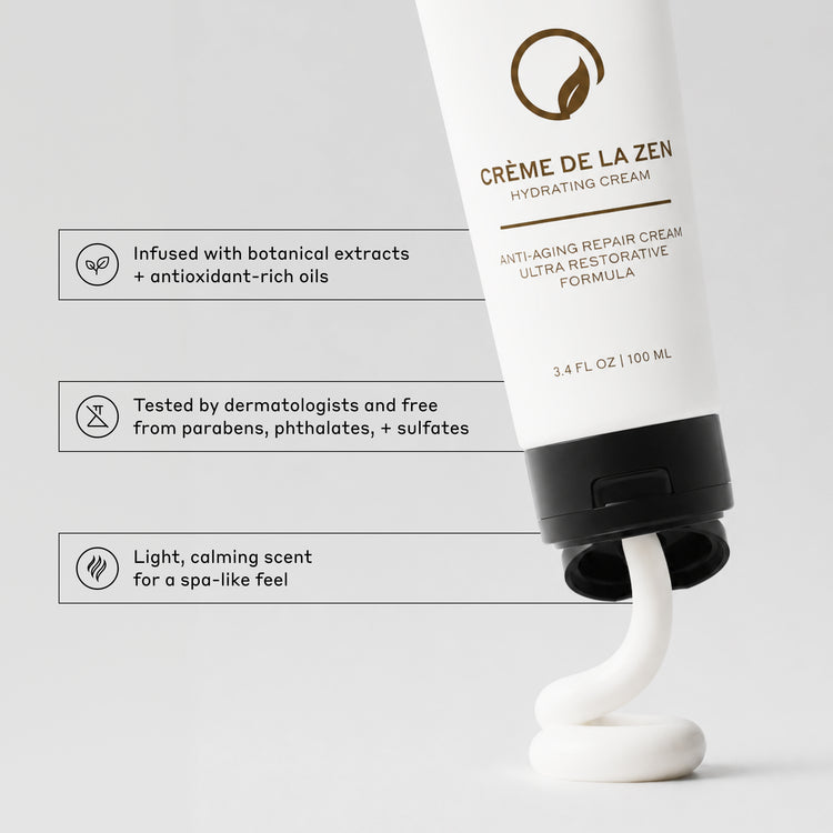 A white squeeze tube of Crème de la Zen Hydrating Cream with a black cap, shown dispensing thick white cream in a curved pool below. The background is a clean light gray with three informational text callouts on the left.