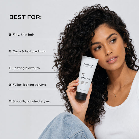 A woman with long, curly dark hair holds a tube of Zenagen Sensing Fine Hair Styling Wax against a light gray background, with text on the left listing benefits for fine, thin, curly, and textured hair.