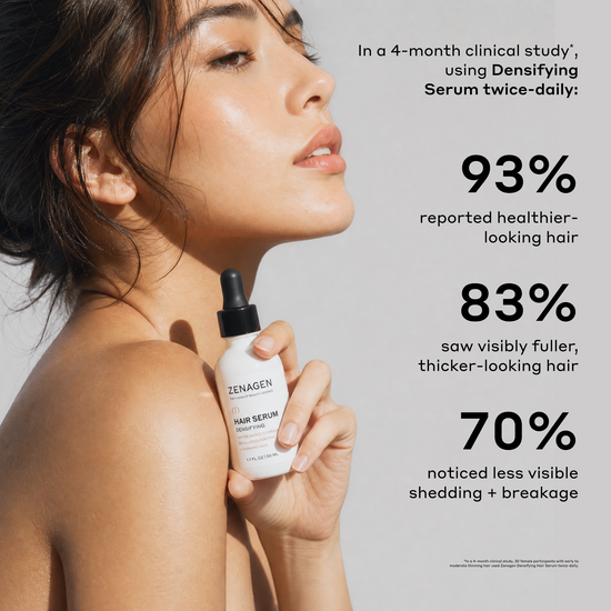 Woman holding a bottle of ZENAGEN hair serum with clinical study results displayed.