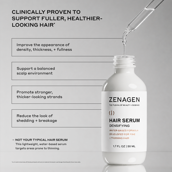 Zenagen hair serum bottle with dropper on a gray background