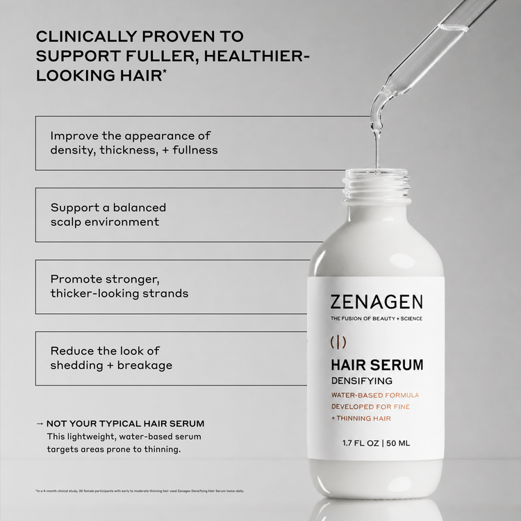 Zenagen hair serum bottle with dropper on a gray background