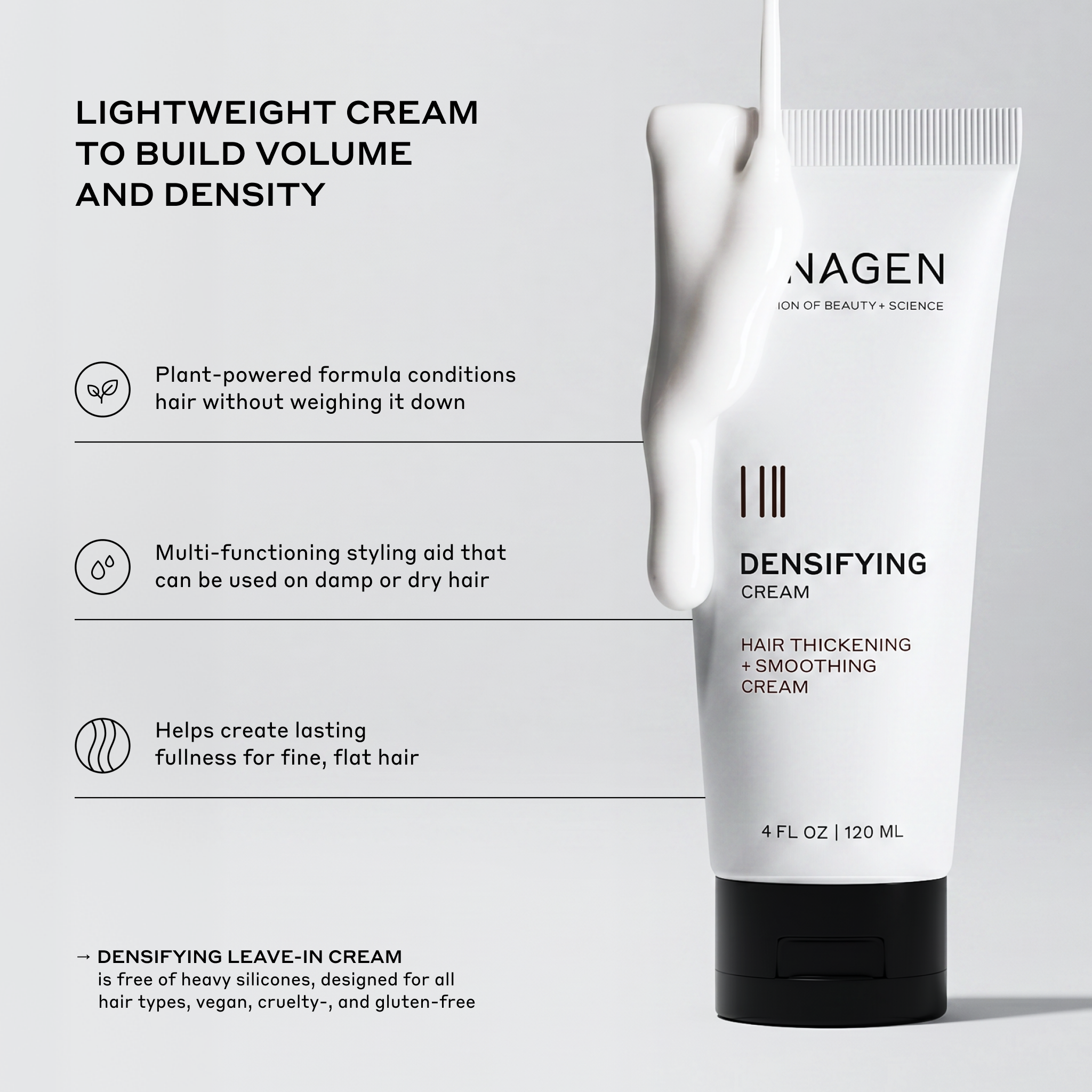 A white squeeze tube of Nagen Densifying Cream with a black cap, shown next to a thick curl of the cream on a light gray background with product benefits text.