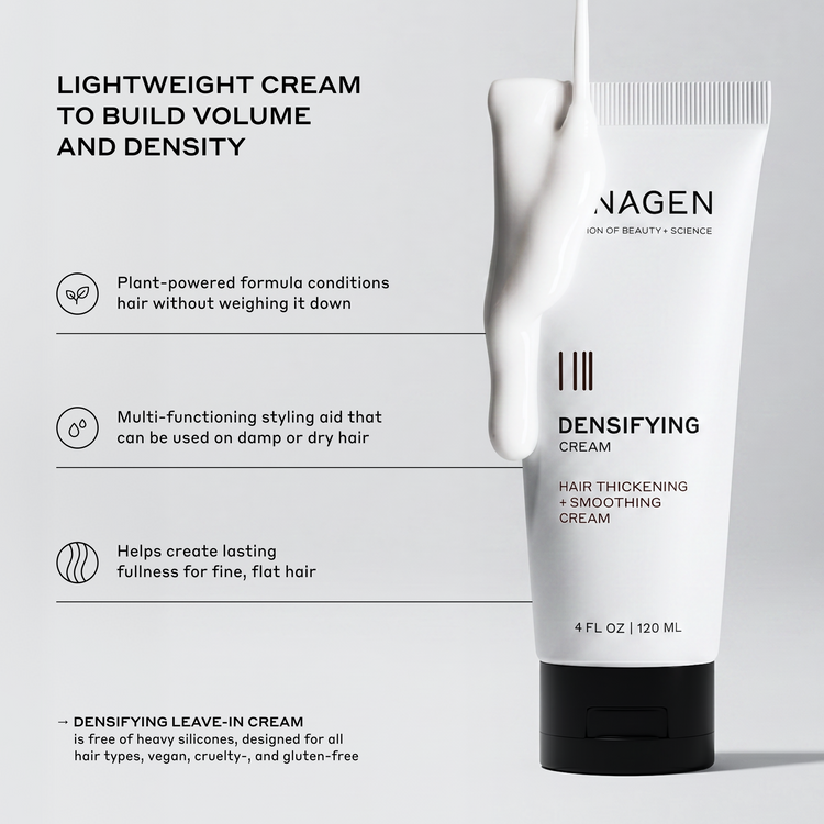 A white squeeze tube of Nagen Densifying Cream with a black cap, shown next to a thick curl of the cream on a light gray background with product benefits text.