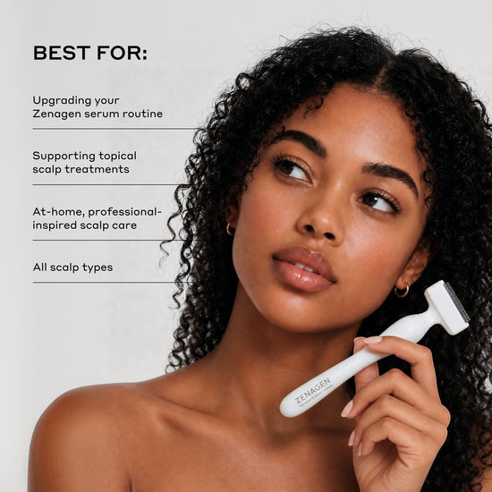 A woman with curly dark hair holds a white Zenagen scalp razor against a light gray background, with text on the left reading 'BEST FOR:' and listing scalp care benefits.