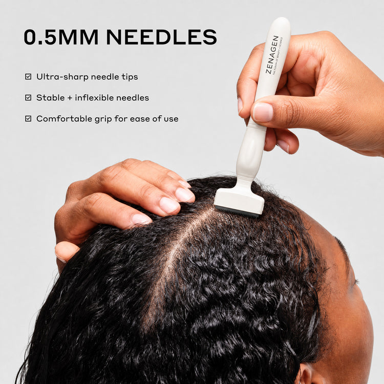 A person's head and hand are shown using a white ZENAGEN scalp tool with 0.5mm needles on the hair parting, with text highlighting the ultra-sharp needle tips and comfortable grip.