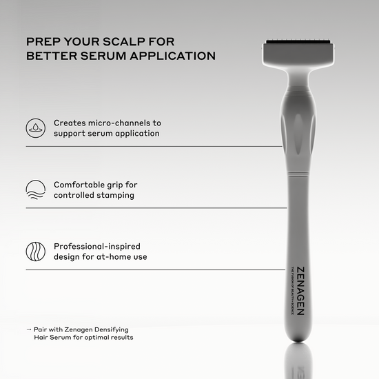 Zenagen Scalp Stamping Tool shown on a light gray gradient background with marketing text describing its micro-channeling, comfortable grip, and professional-inspired design.