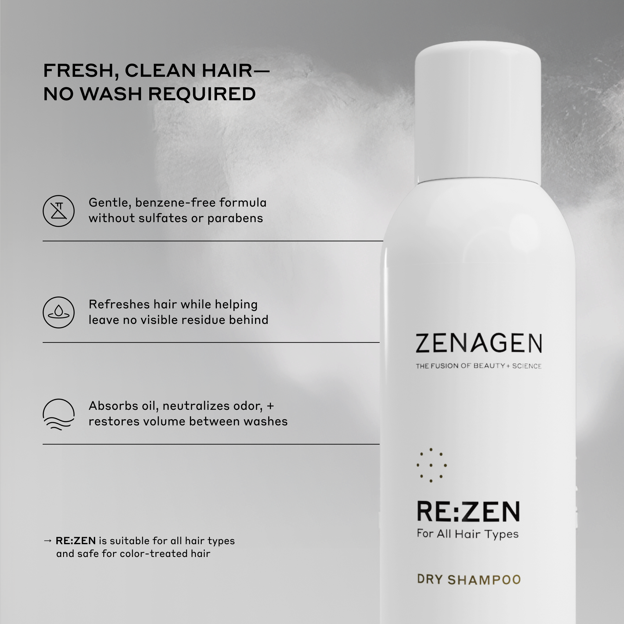 Zenagen Re:Zen Dry Shampoo product benefits graphic featuring the product and key benefits.