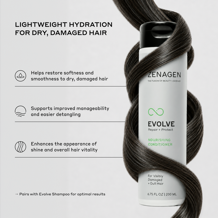 Zenagen Evolve Nourishing Conditioner bottle with text on a gray background