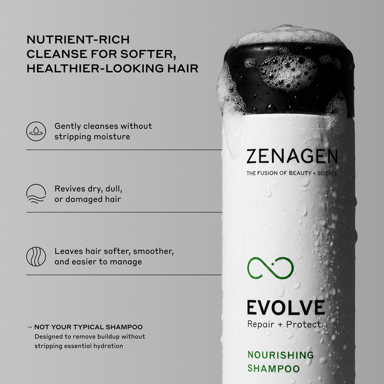 Zenagen Evolve Nourishing Shampoo bottle with product benefits on a gray background