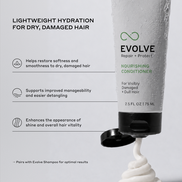 Evolve Nourishing Conditioner bottle with text on a light gray background