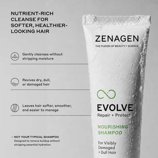 Zenagen Evolve Nourishing Shampoo tube with product benefits on a gray background
