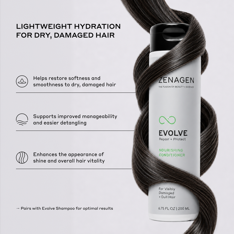 Zenagen Evolve Nourishing Conditioner bottle with text on a gray background