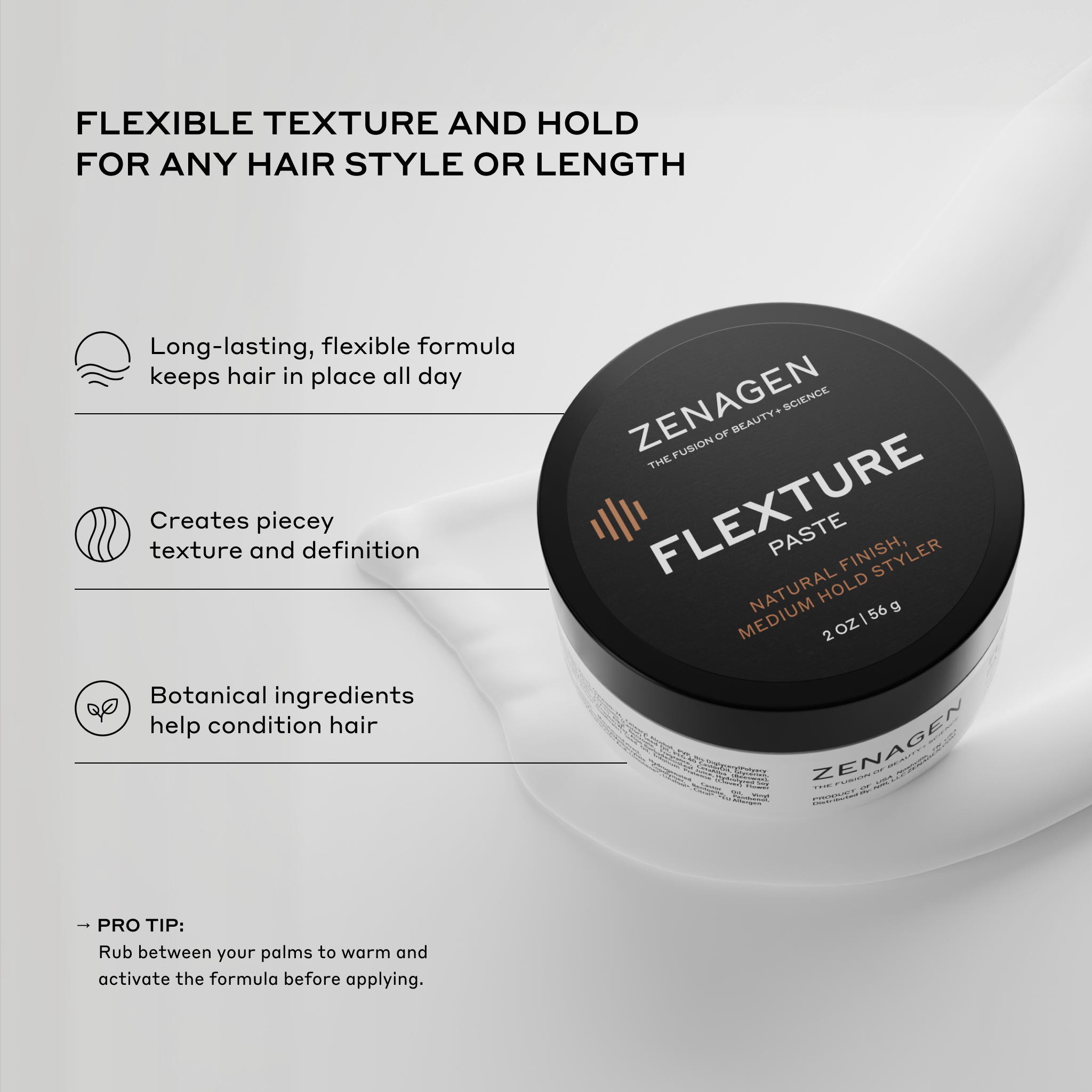Zenagen Flexture Paste product benefits graphic featuring the Flexture Paste product and key styling benefits.