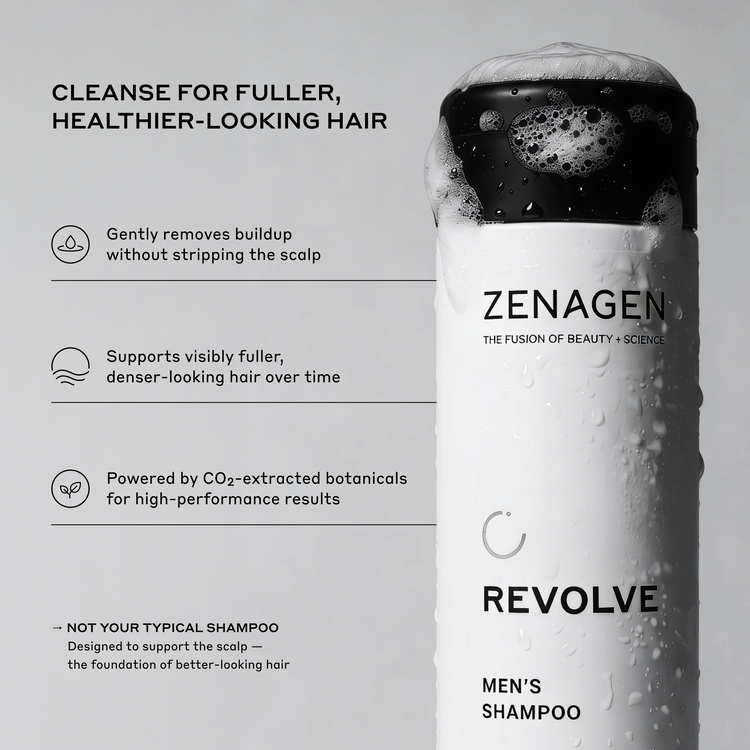 Zenagen Revolve Men's Shampoo bottle with text on a gray background