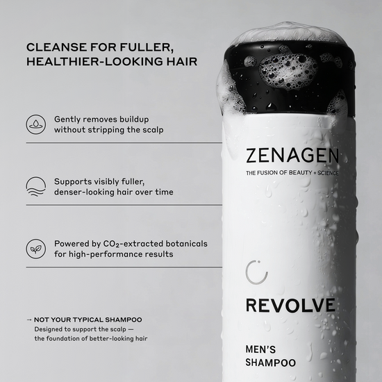 Zenagen Revolve Men's Shampoo bottle with text on a gray background