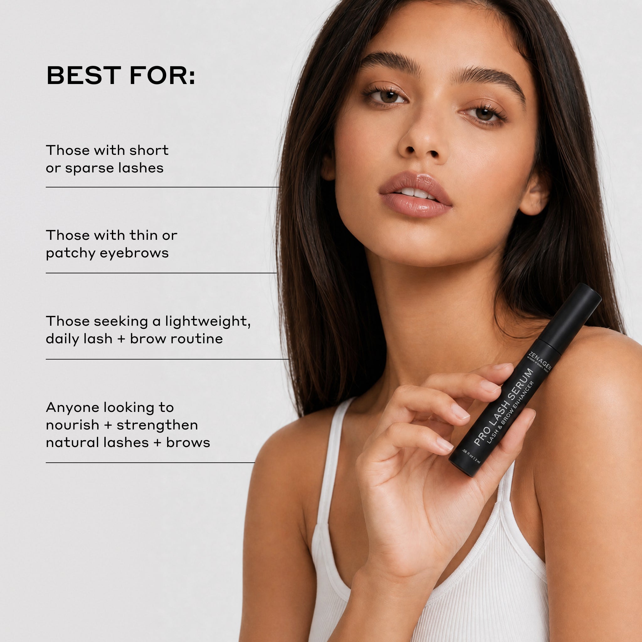A woman holding a black brow and lash serum tube next to text on a light gray background that reads 'BEST FOR:' followed by four bullet points about short or sparse lashes, thin or patchy eyebrows, a lightweight daily lash and brow routine, and nourishing natural lashes and brows.