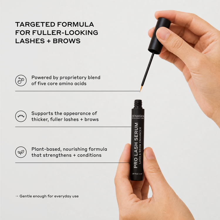 A hand holds a black tube of ProLash Serum while another hand applies the dropper to the lash line. The image includes marketing text on a light gray background describing the targeted formula for fuller-looking lashes and brows.