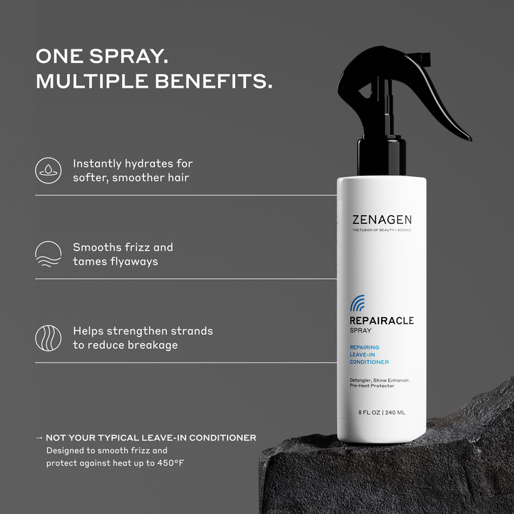 A white spray bottle of Zenagen Repairacle Leave-In Conditioner with a black trigger sprayer, displayed on a dark textured surface against a dark gray background with promotional text on the left.