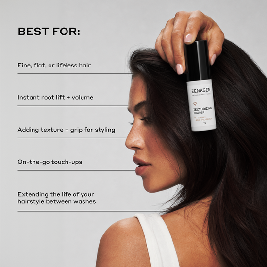 A woman with long dark hair holds a bottle of Zenagen Texturizing Powder next to a list of benefits on a light gray background.