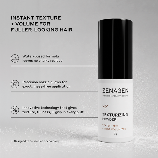 Zenagen Texturizing Powder in a white bottle with a black cap, shown on a light gray background with promotional text highlighting water-based formula, precision nozzle, and instant texture for fuller-looking hair.