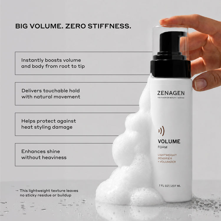 A hand holding a bottle of Zenagen Volume Foam against a light gray background with promotional text and a pile of white foam. The bottle is white with a black pump and clear cap.
