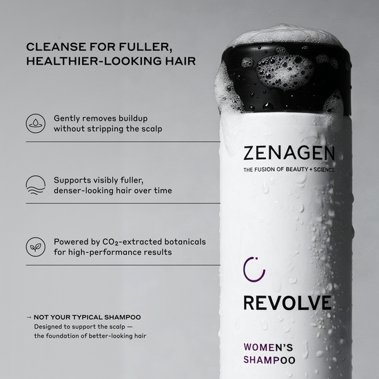 Zenagen Revolve Women's Shampoo bottle with text on a gray background